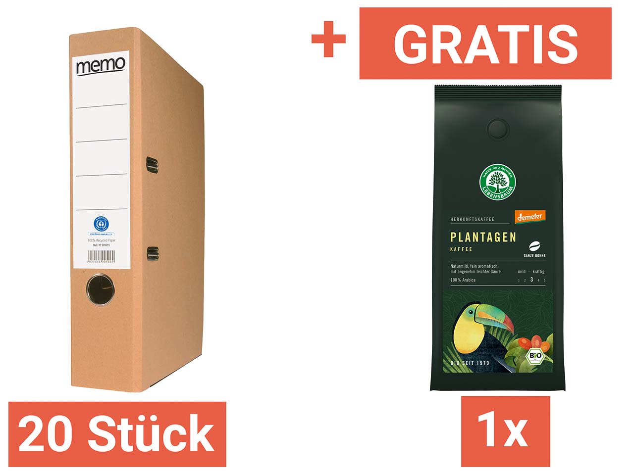 20er Pack memo Ordner naturbraun 7,5 cm & GRATIS Bio-Kaffee LEBENSBAUM "Plantagen" Bohne