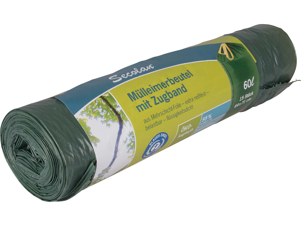 Secolan Mülleimerbeutel mit Zugband 60 Liter, 15 Stück ,30 µ, grün