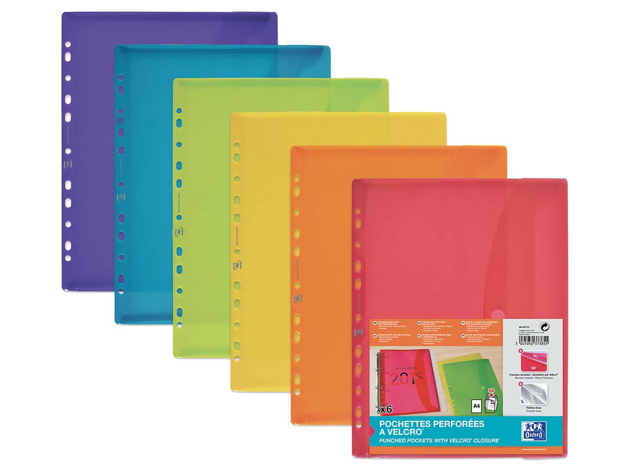 6 OXFORD Prospekthüllen mit Tasche und Klett-Verschluss, für DIN A4, farbig sortiert