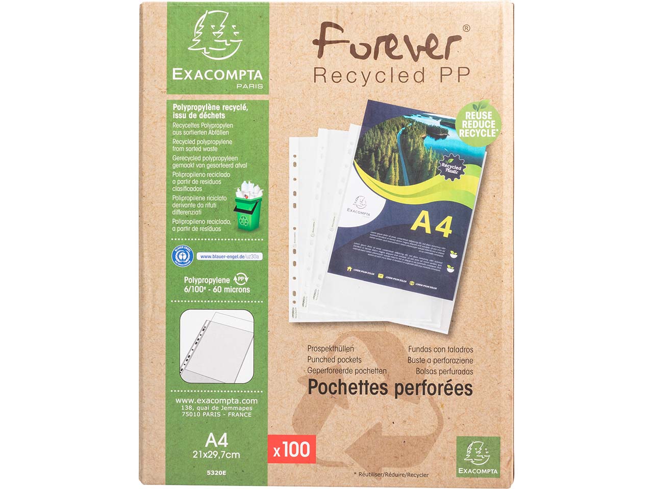 100 Exacompta Prospekthüllen "Forever" Recycling-PP, DIN A4, 60µ, genarbt 100 Exacompta Prospekthüllen "Forever" Recycling-PP, DIN A4, 60µ, genarbt