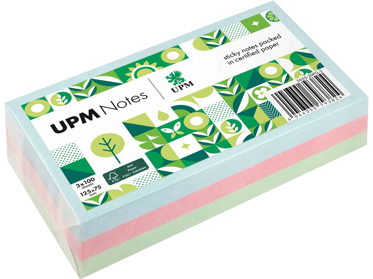 UPM Super Sticky Haftnotizen "Pastellmix" 125 x 75 mm, 3 Blöcke, farbig sortiert