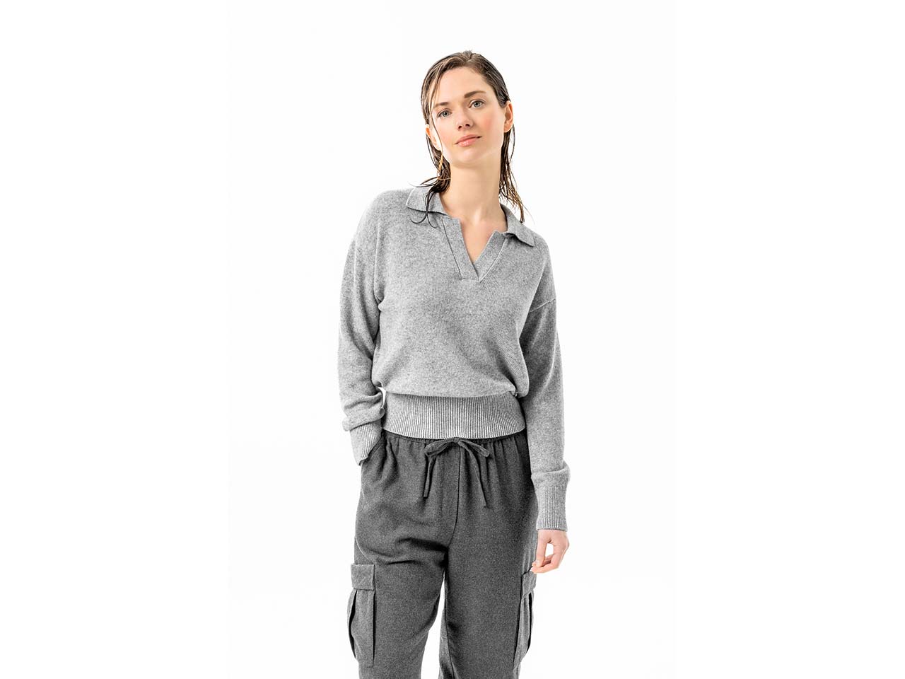 Living Crafts Bio-Damen-Pullover 'ULANA' mit Polokragen, grey melange, Gr. S