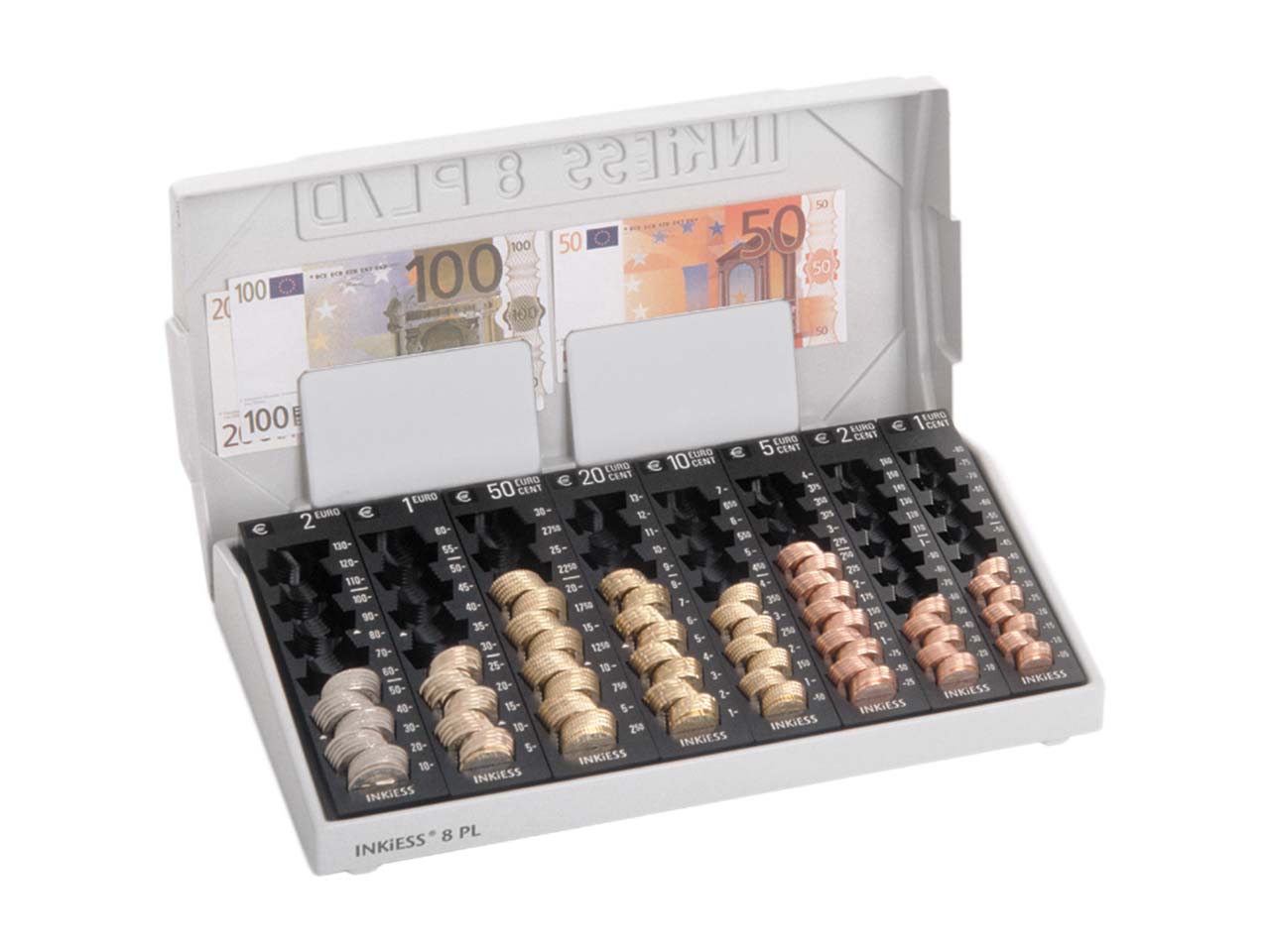 INKIESS Geldzählkasse "8 PL-D" mit 8 Einzelmünzbehältern und Deckel