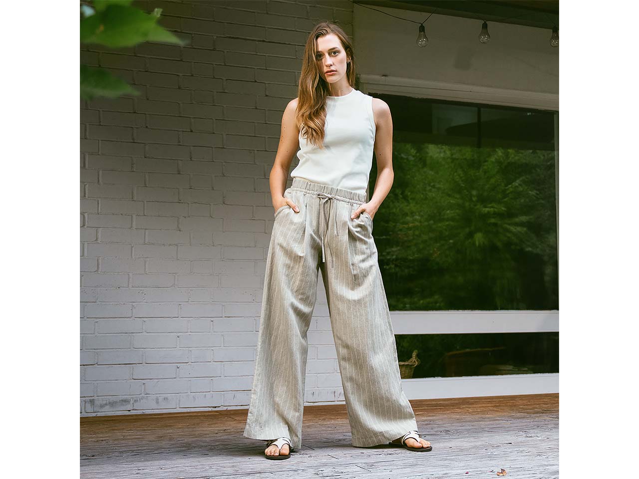 Living Crafts Damen-Hose 'TAKARA' mit Bindebändchen, natural/pine stripes, Gr. 36