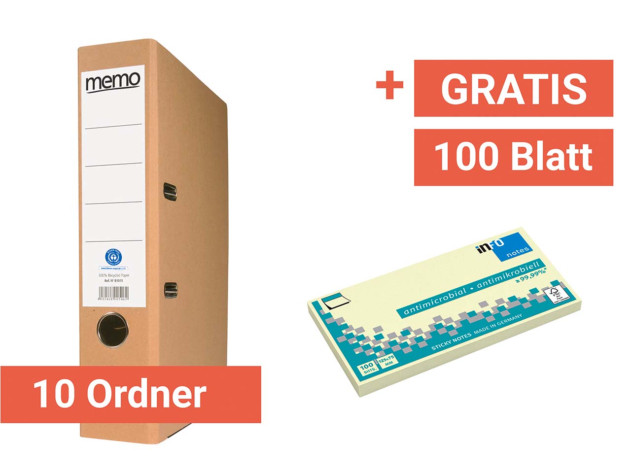 10 memo Aktenordner DIN A4 naturbraun 8cm + Gratis Info Haftnotizen 125 x 75mm
