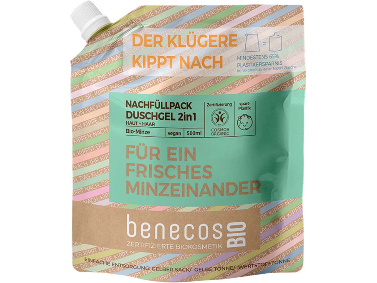 benecos Bio-Duschgel-Nachfüllbeutel 2-in-1 mit Bio-Minze, 500 ml