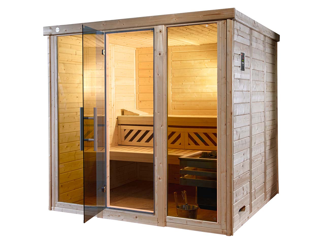 weka Massivholz-Elementsauna "Kemi Panorama 2" Farbvisionen-Set, 7,5kW Saunaofen "BioAktiv