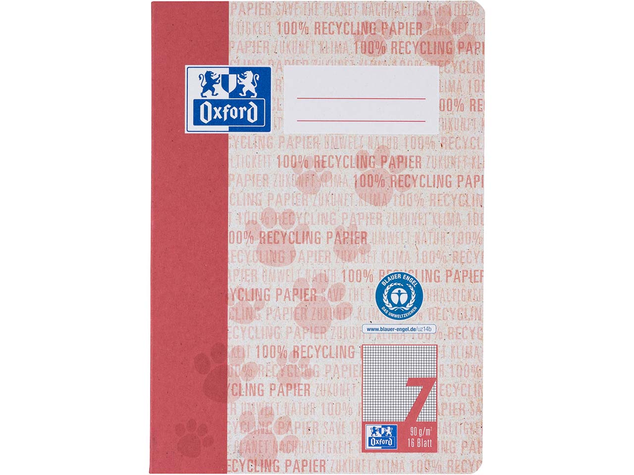 OXFORD Recycling-Schulheft DIN A5, 16 Blatt, Lineatur 7 (kariert 7 mm), 90 g/m²