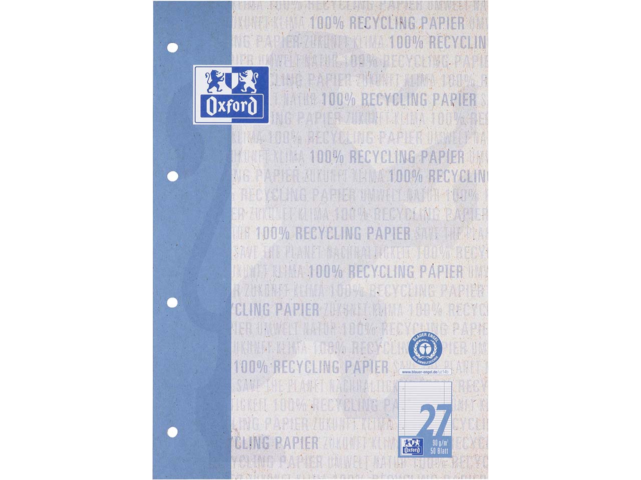 OXFORD Recycling-Schulblock A4, kopfgeleimt, 50 Blatt, Lineatur 27