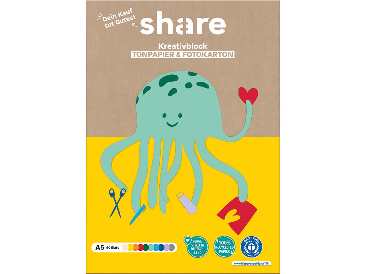 share Tonpapier und Fotokarton "Kreativblock" DIN A5, 40 Blatt, farbig sortiert