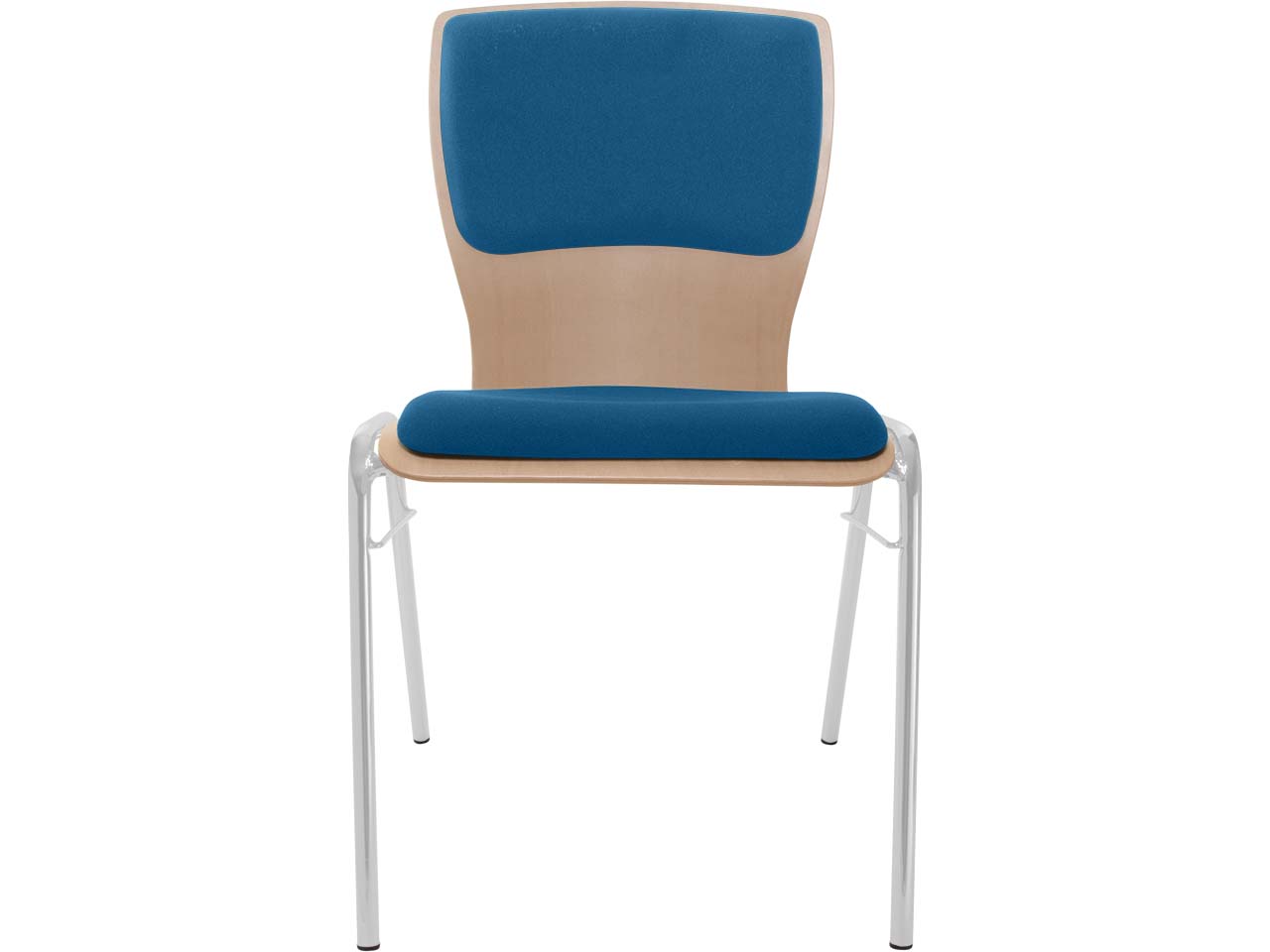Besucherstuhl "A29" Buche lackiert, Gestell silber, Steg, Sitz- und Rückenpolster blau