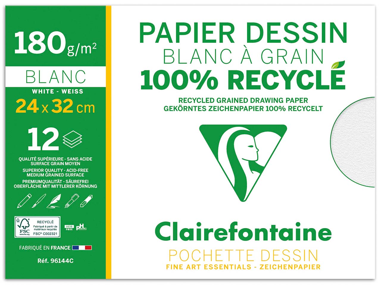 Clairfontaine "Dessin à grain Recycle" - Mappe mit Zeichenpapier, 24 x 32 cm, 12 Blatt
