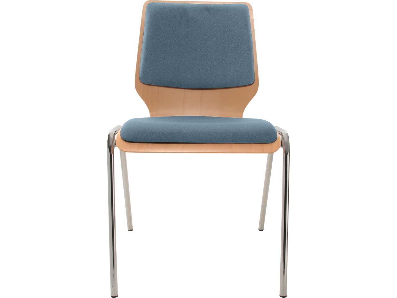 Besucherstuhl "A2" Buche lackiert, Gestell verchromt, Sitz- und Rückenpolster stahlblau
