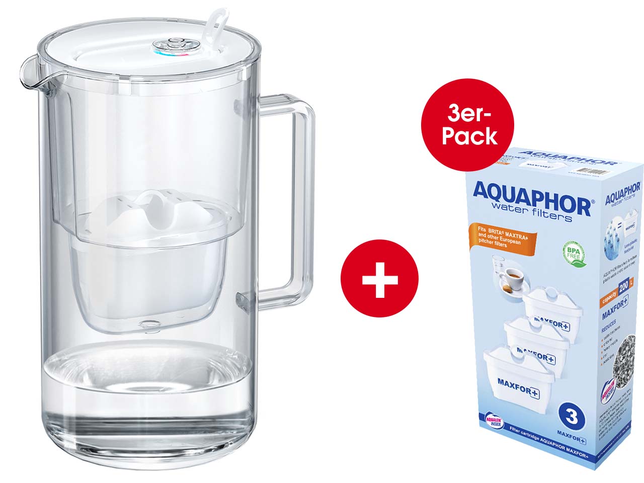 AQUAPHOR Glas-Wasserfilterkanne + 3 x 3er-Pack Ersatzkartusche "Maxfor+"