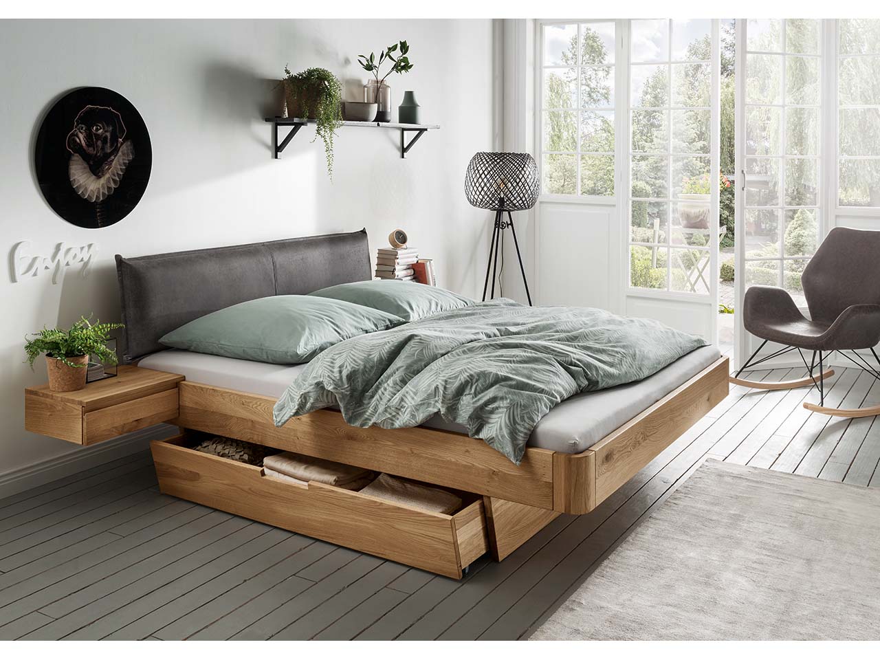 Forestales Schwebe-Massivholzbett "Cleveland" 160 x 200 cm, Stoffkopft.VII, Fuß rund, Eich