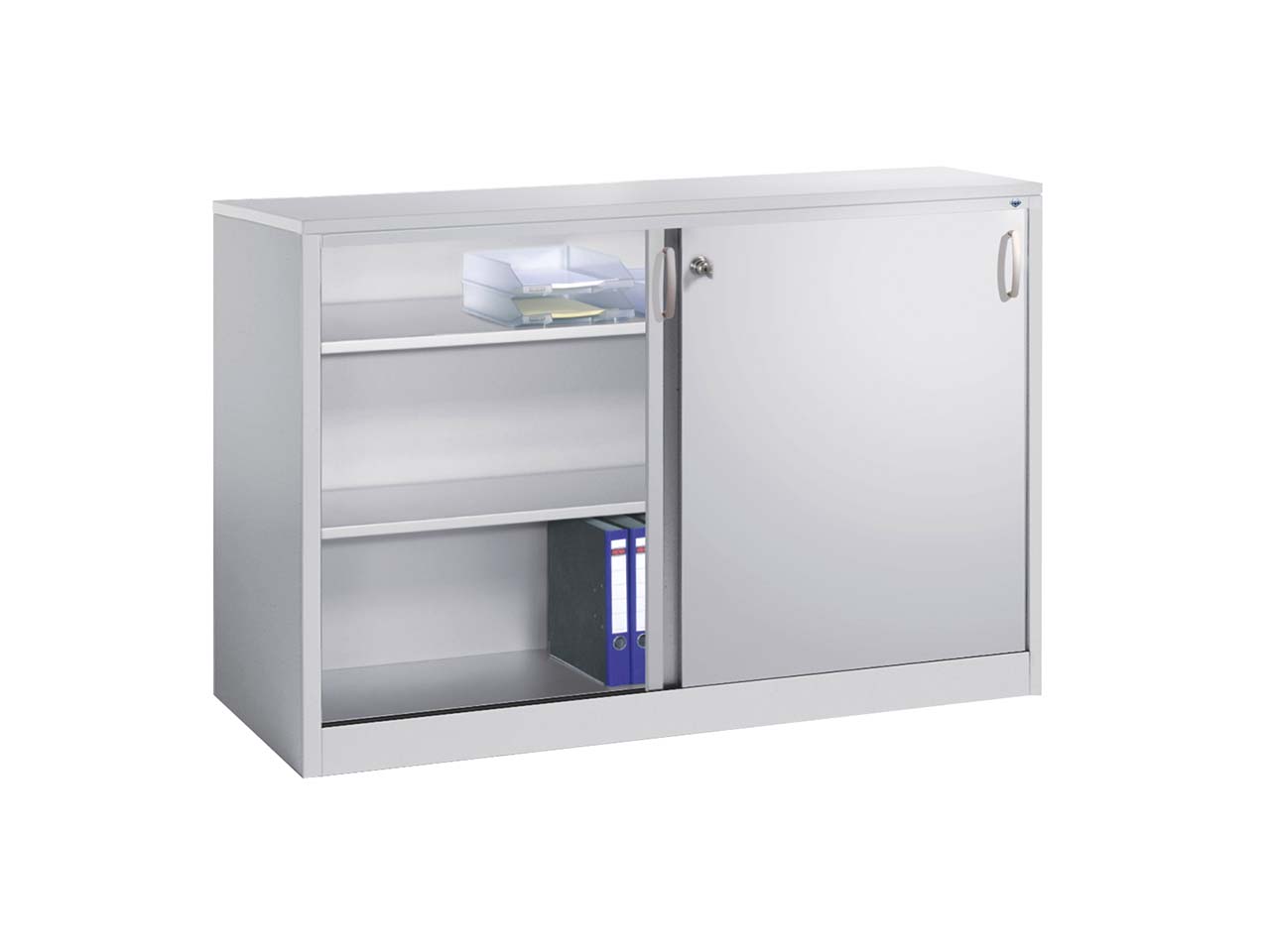 Schiebetürenschrank aus Stahl 160 cm breit lichtgrau  T 50  H 100