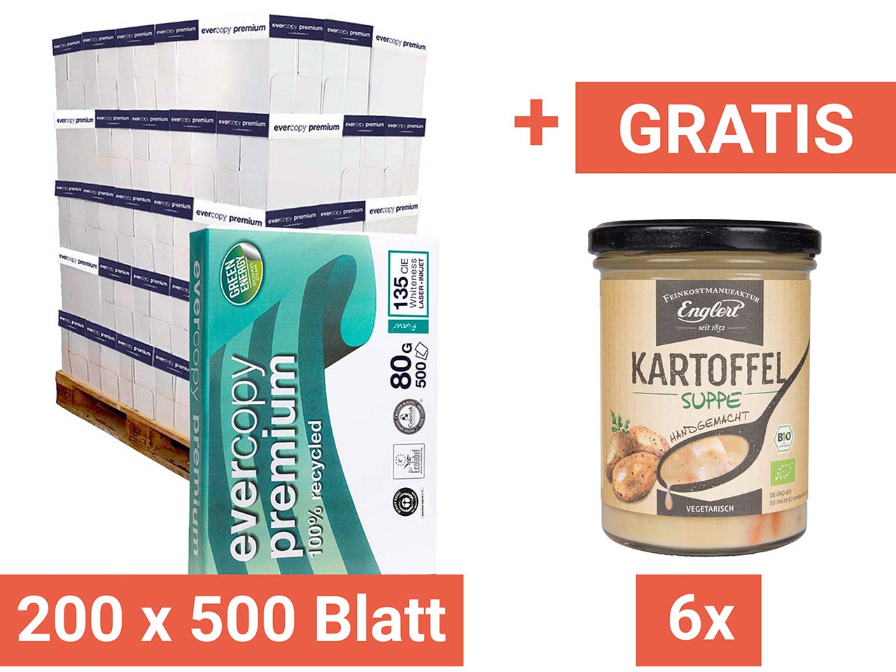 200x500Blatt Multifunkt. Recycl.-Kopierpapier "EvercopyPremium"DINA4+GratisBioKartoffelsup