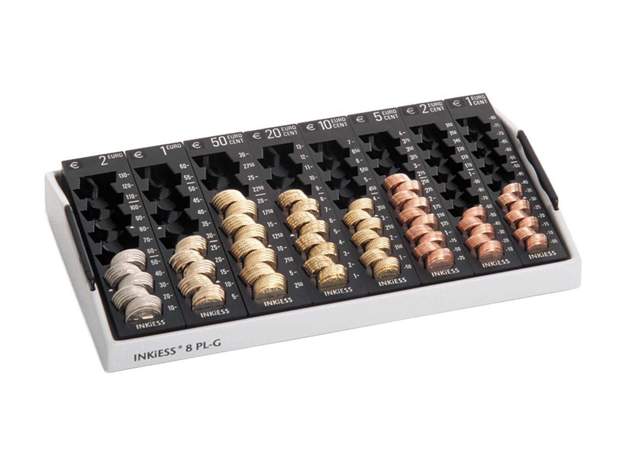 INKIESS Geldzählkasse "8 PL-G" mit 8 Einzelmünzbehältern und Griffen