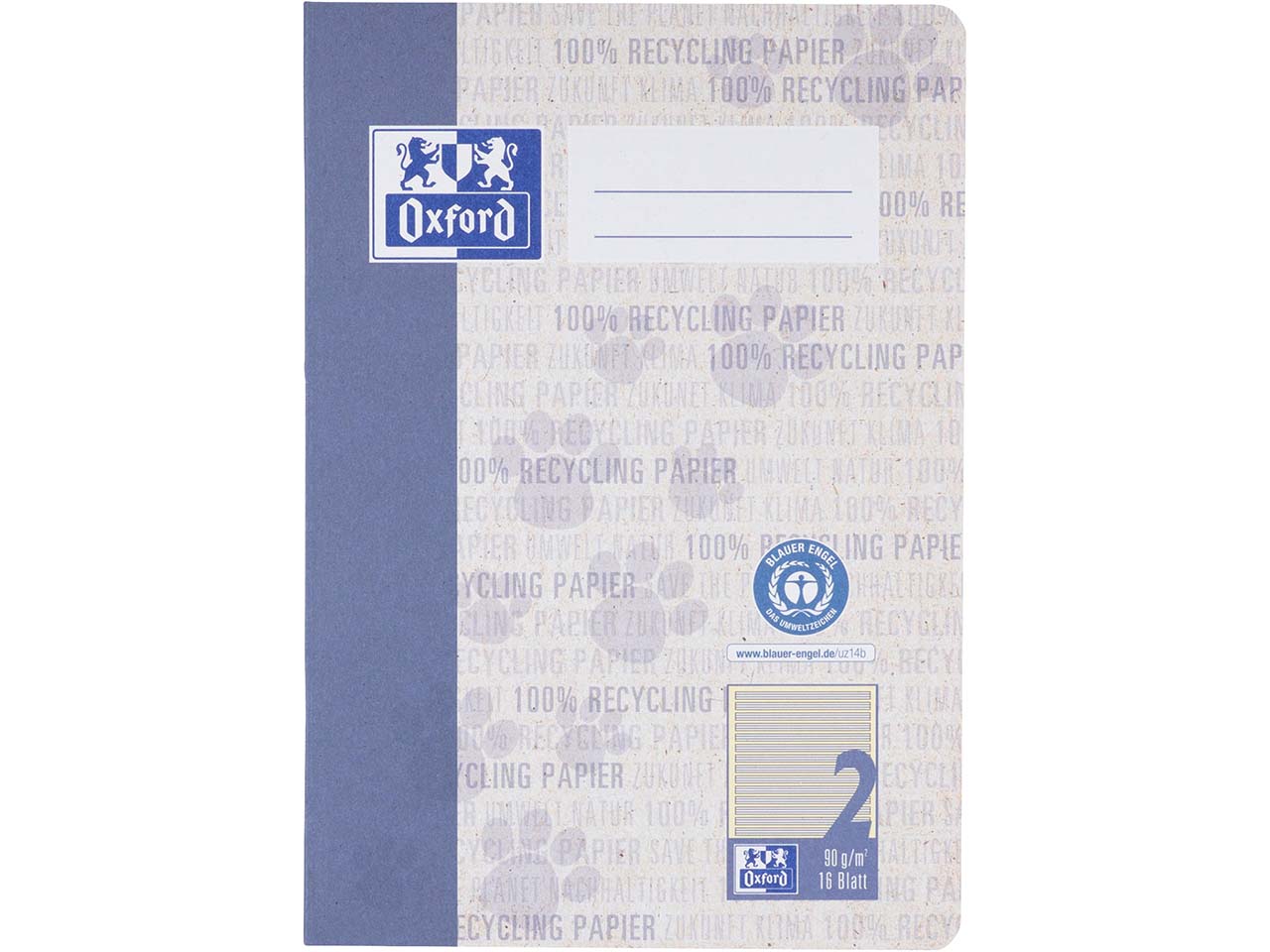 OXFORD Recycling-Schulheft DIN A5, 16 Blatt, Lineatur 2 (Kontrastlineatur), 90 g/m²