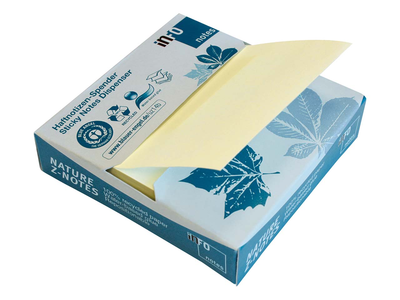 Info Haftnotizen "Recycling Z-Notes" im Kartonspender, 100 Blatt, 75 x 75 mm, gelb
