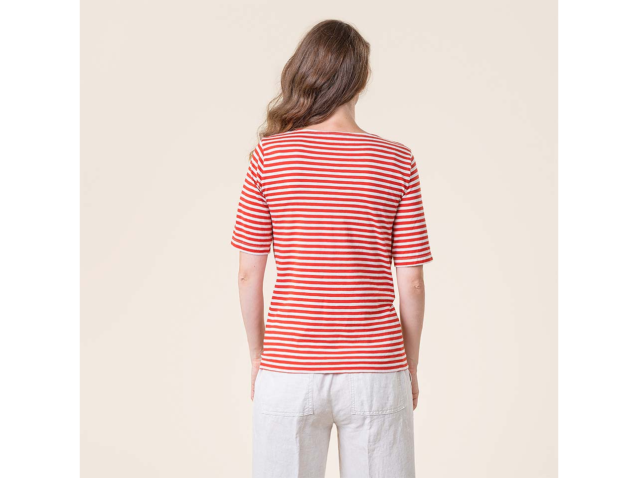 Living Crafts Bio-Damen-T-Shirt "TANINA" mit längeren Ärmel, cream/poincana red, Gr. S