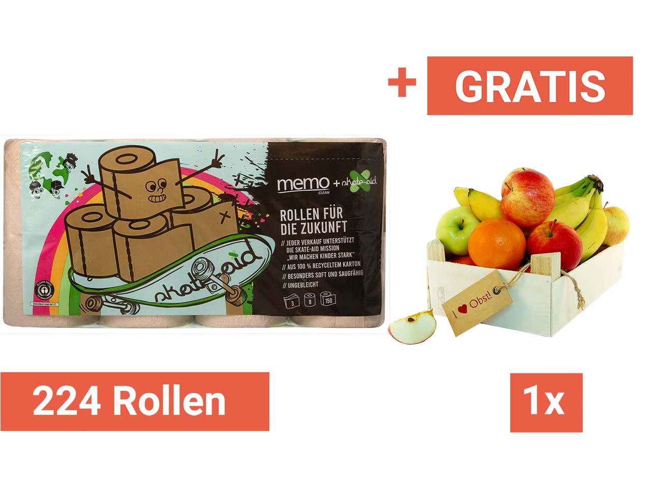 224 Rollen memo Toilettenpapier "skate-aid" 3-lagig + GRATIS Obstkiste, Größe S