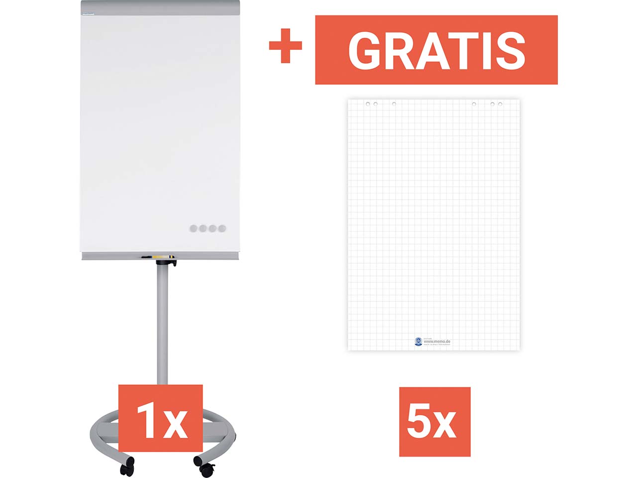 Flipchart mobil "de luxe" + 5 Gratis memo Flipchart-Blöcke, kariert, 20 Blatt, 80 g/m²