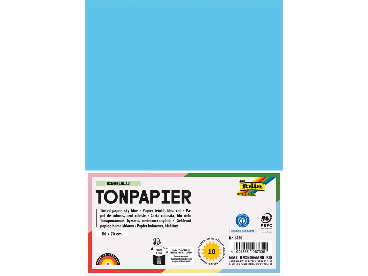 folia Tonpapier, 130 g/m², 50 x 70 cm, 10 Bogen, himmelblau