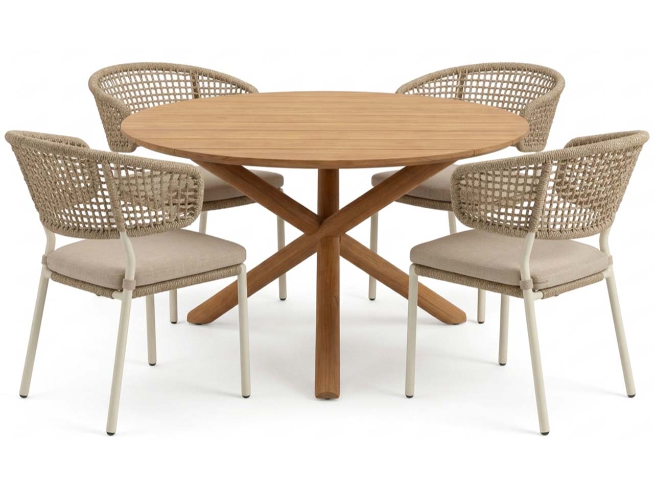 Gartenmöbel-Set "Mola & Spitz" 5-tlg. 1 Tisch Ø 135 cm, 4 Sessel, teak/sand