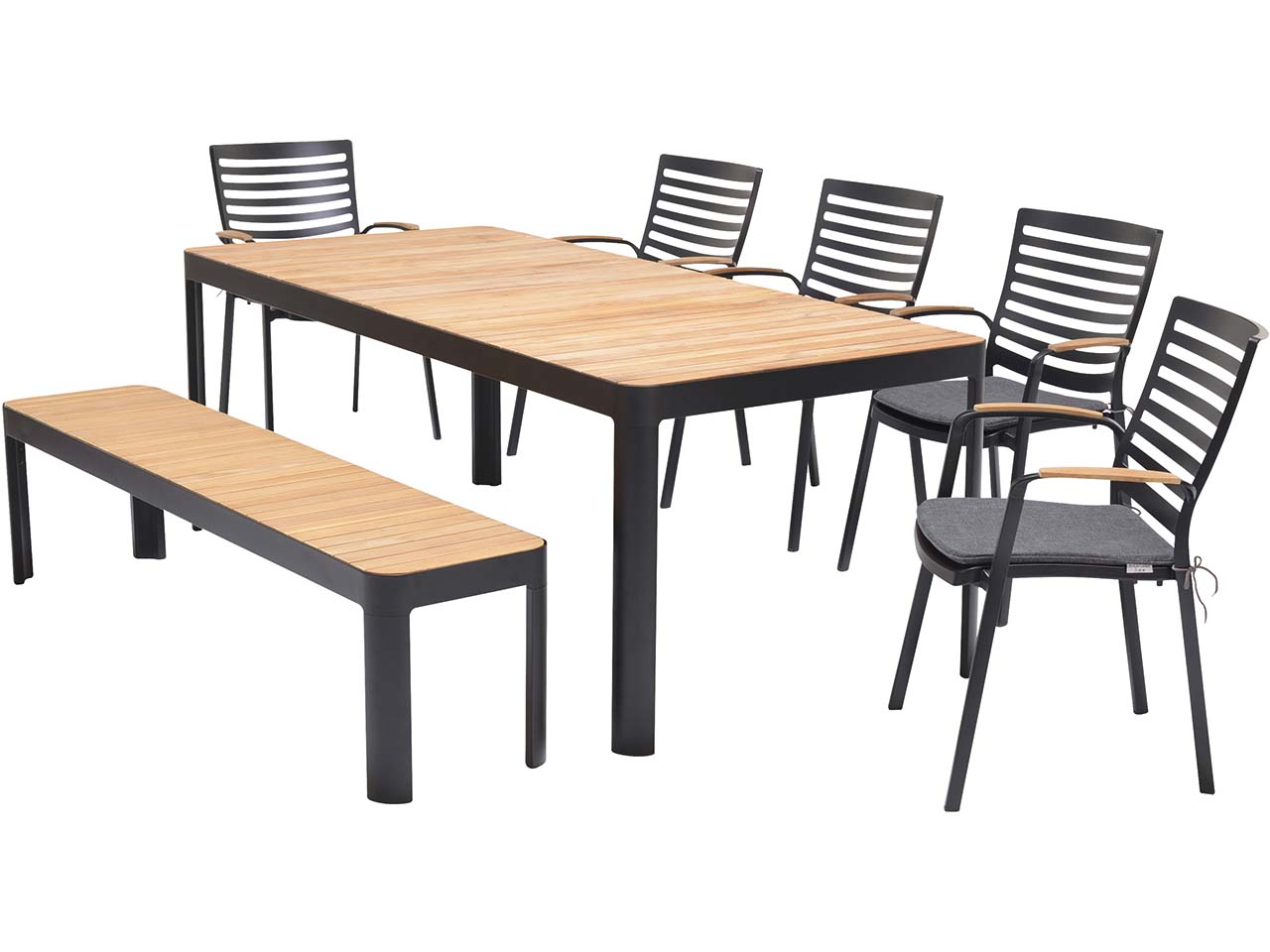 Gartenmöbel-Set "Portals" 5 Stühle, 1 Bank 182, 1 Tisch 209 x 95, schwarz