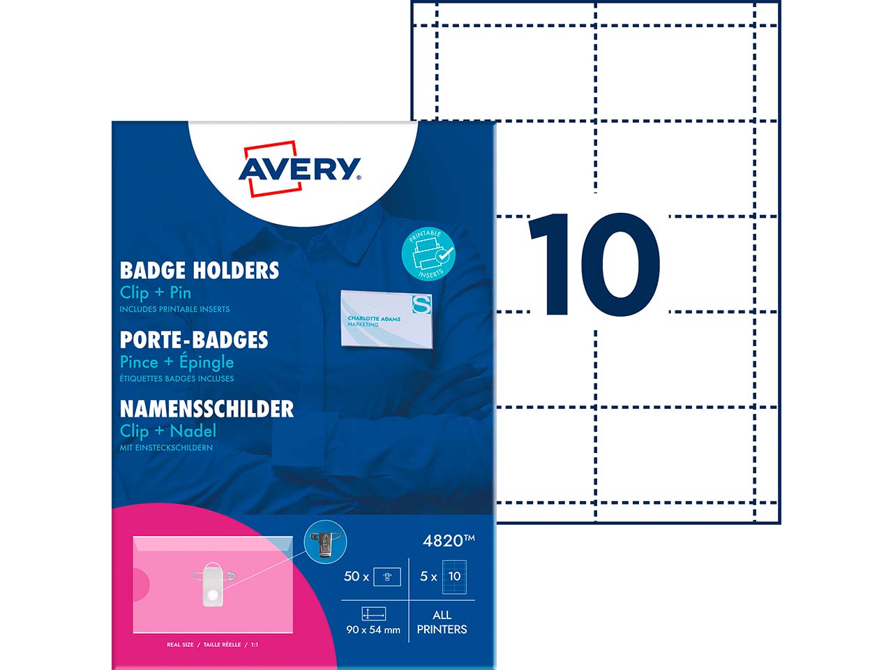 Avery Zweckform 50 Namensschilder mit Hülle, Clip+Pin, 90 x 54 mm