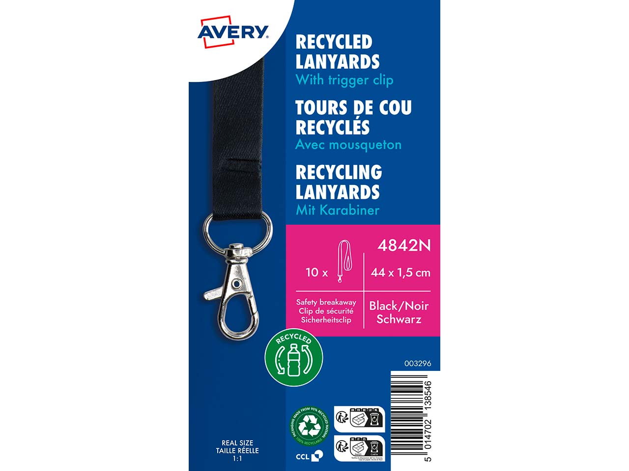 Avery Zweckform 10 Lanyards aus Recyclingkunststoff 440 x 15 mm, schwarz