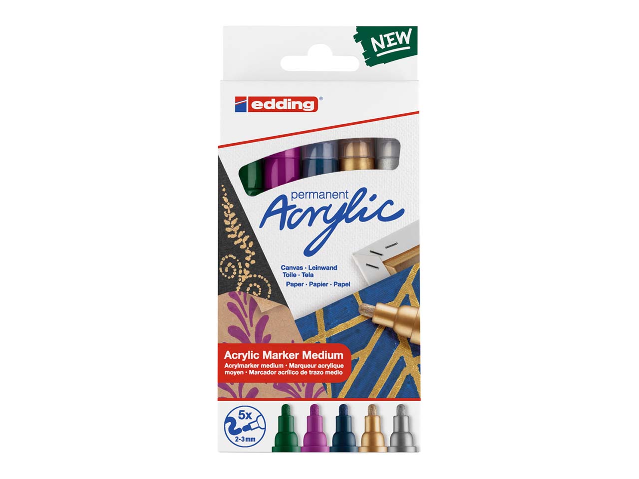 5er Set edding Acrylmarker "Acrylic 5100" festive, Rundspitze 2-3mm, farbig sortiert