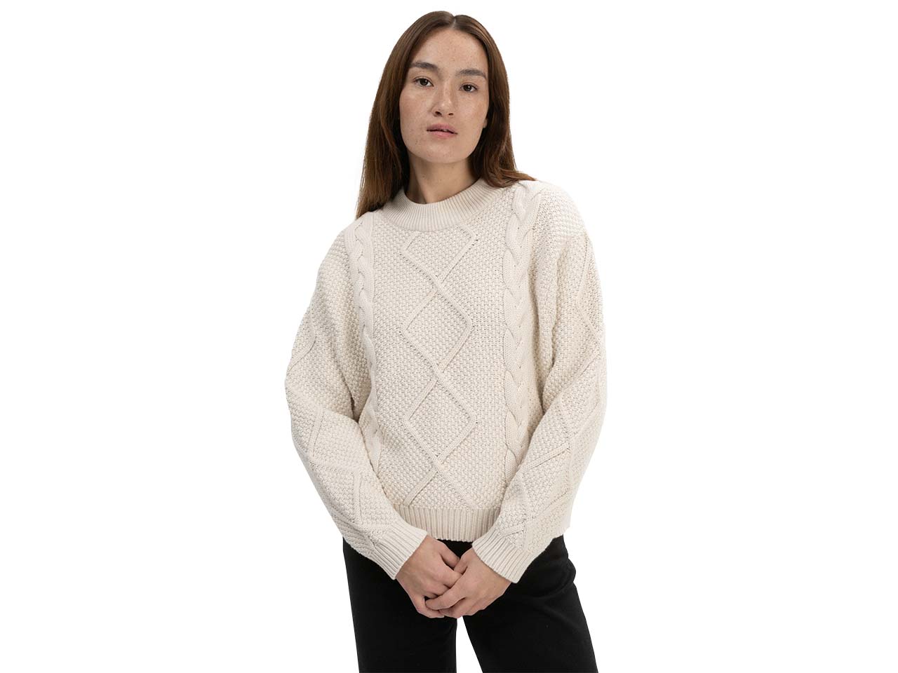 MELA Bio-Damen-Strickpullover 'SAMAIRA' mit Zopfmuster, cream melange, Gr. L