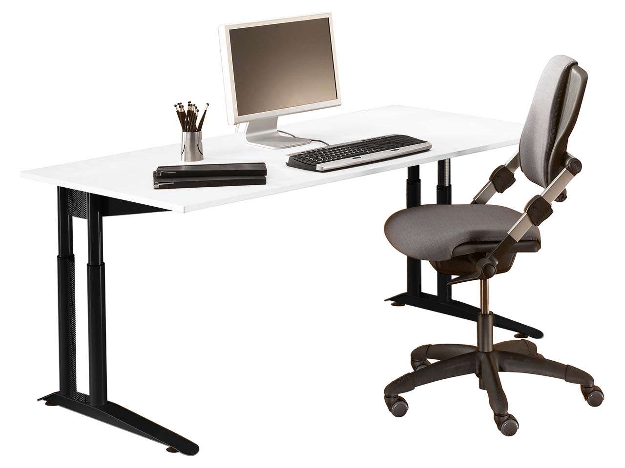 Schreibtisch "CONTACT Pure" höhenverstellbar, 180 x 80 cm, schwarz, Buche weiß lackie Schreibtisch "CONTACT Pure" höhenverstellbar, 180 x 80 cm, schwarz, Buche weiß lackie
