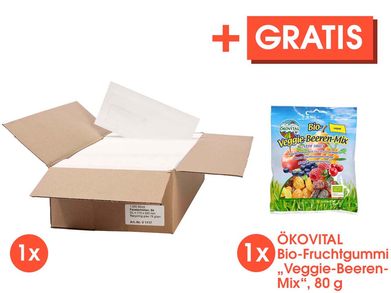 Briefumschläge DIN lang, mit Fenster, 1.000 Stk. + Gratis ÖKOVITAL Bio-Fruchtgummi