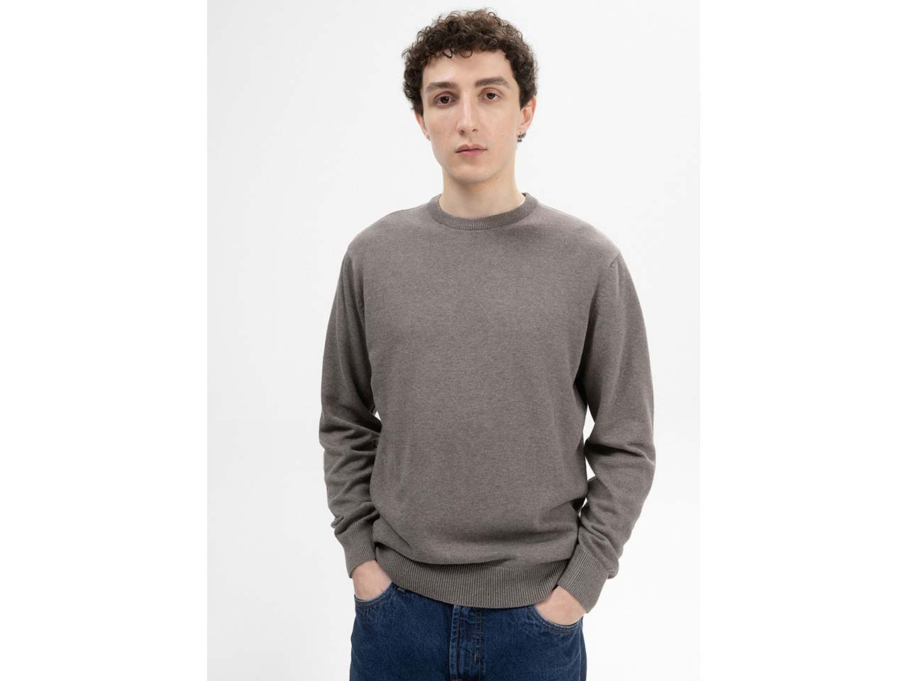 MELA Bio-Herren-Feinstrick-Pullover "HIMAL" mit Rundhalsausschnitt, bear melange, Gr. L