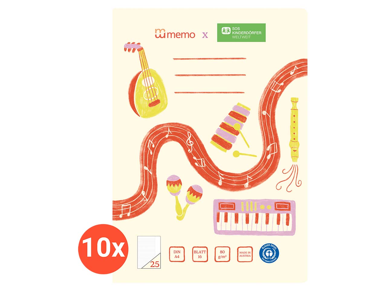 10er Pack memo x SOS-Kinderdörfer weltweit Schulheft DIN A4, 16 Blatt, Lin. 25