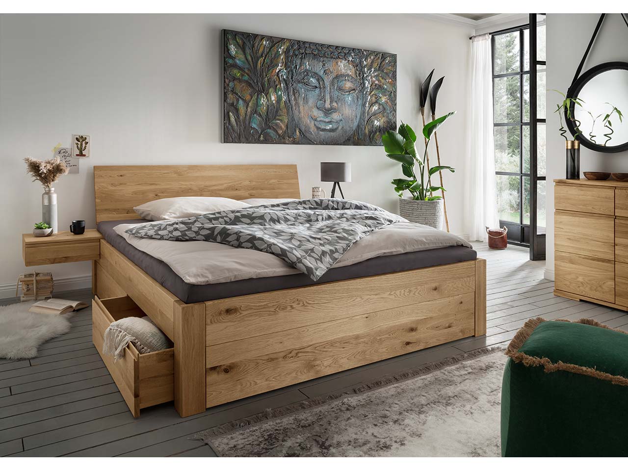 Forestales Massivholzbett "Cleveland" 180 x 200 cm, Kopfteil I, Schubladen, Eiche