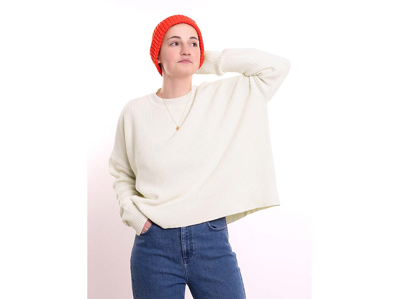 bleed Bio-Damen-Strickpullover "Lenis" weit geschnitten, weiß, Gr. L