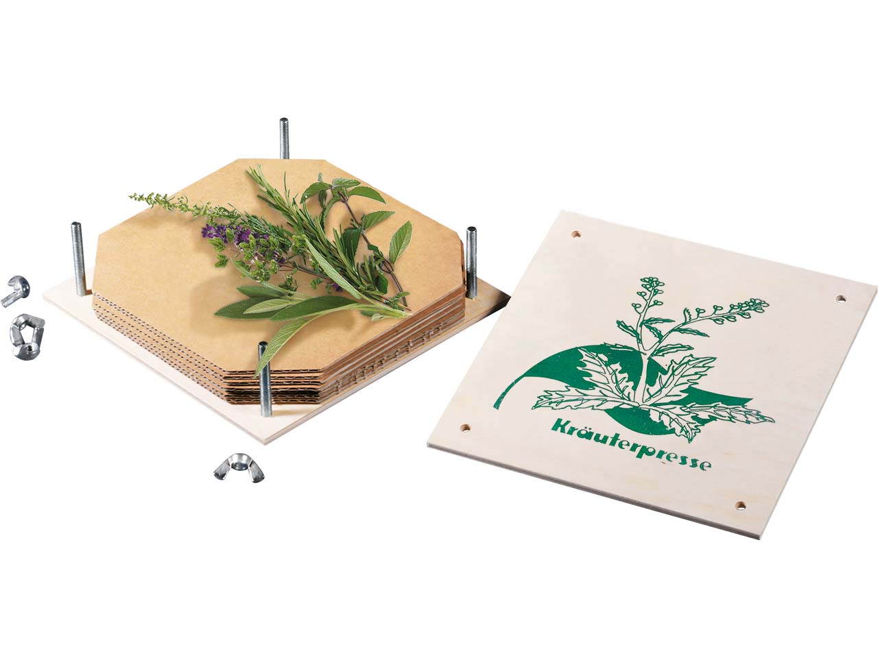 Kräuterpresse mit 8 Einlegepappen Maße 180 x 180 mm