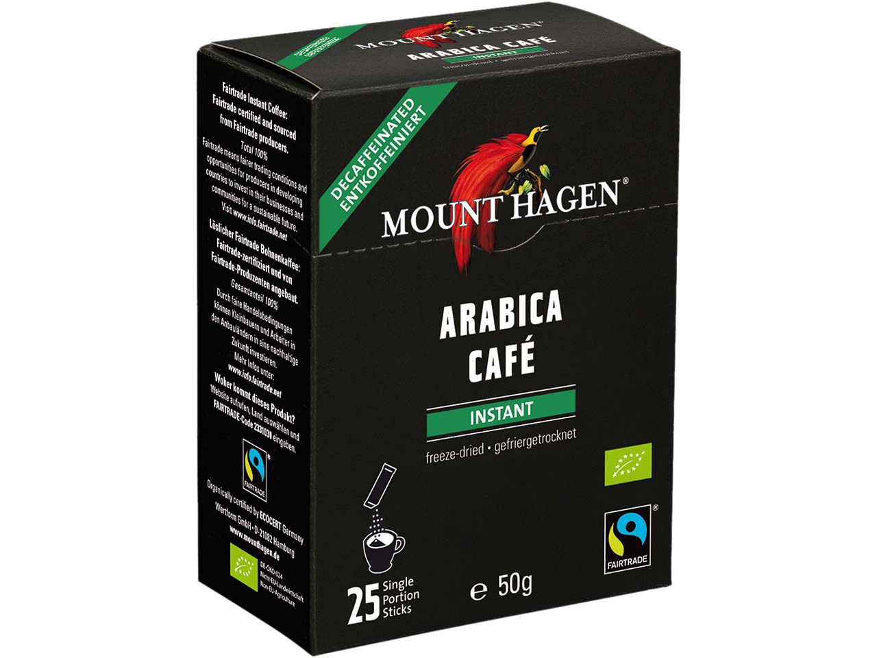 Mount Hagen Bio-Instantkaffee, in Portionsbeutel, entkoffeiniert, 25 x 2 g