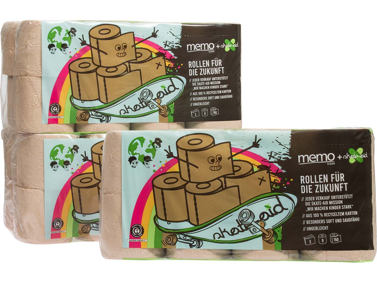 memo Toilettenpapier "skate-aid" 3-lagig aus Kartonage (150 Blatt), 7 x 8 Rollen