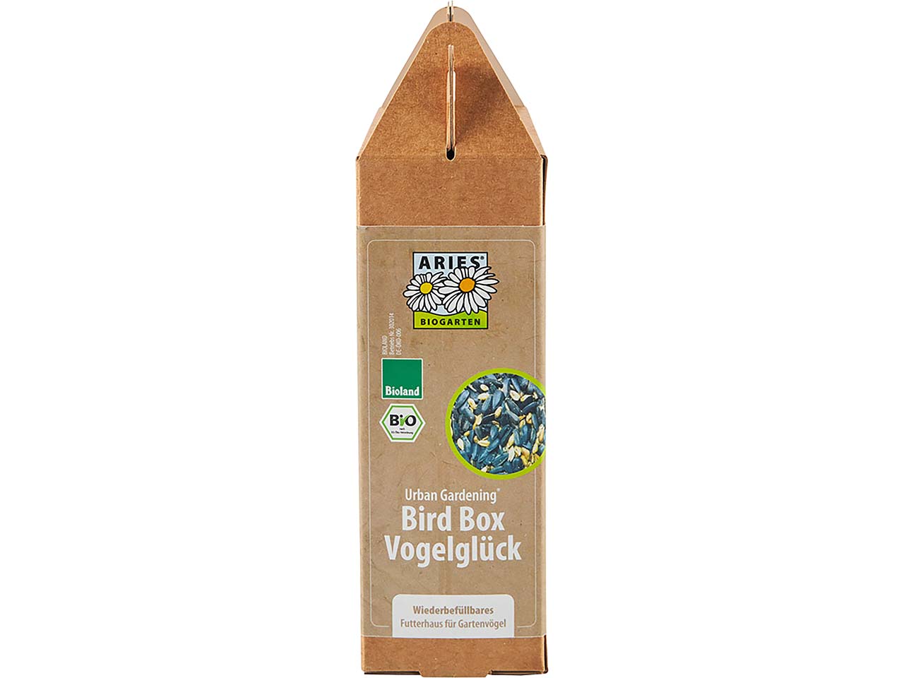 ARIES Bio-Vogelfutter "Birdbox Vogelglück" in wiederbefüllbarer Futterbox, 500 g