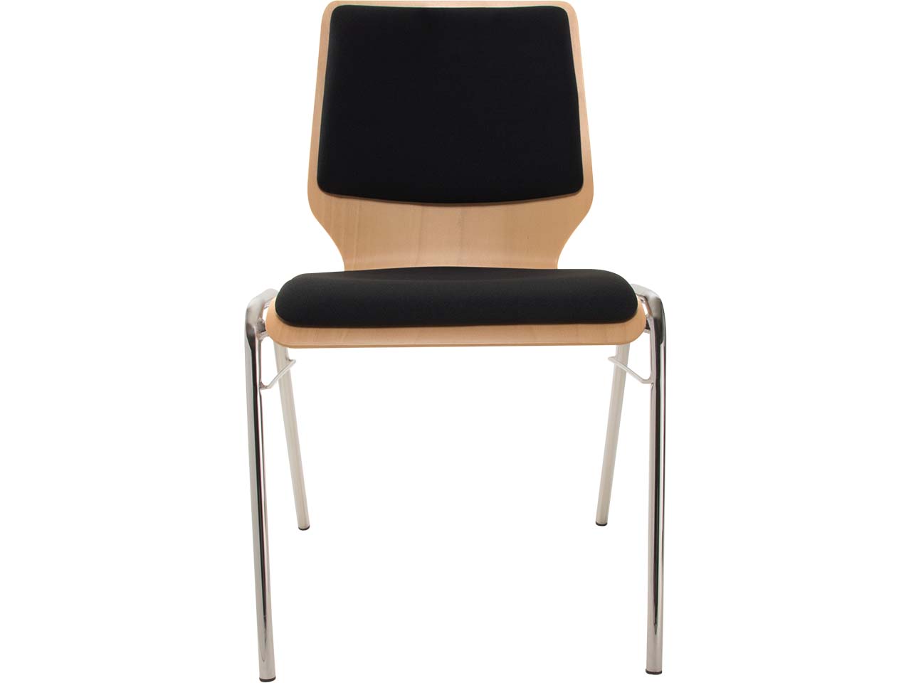 Besucherstuhl "A2" Buche lackiert, Gestell verchr., Steg, Sitz- und Rückenpolster schwarz