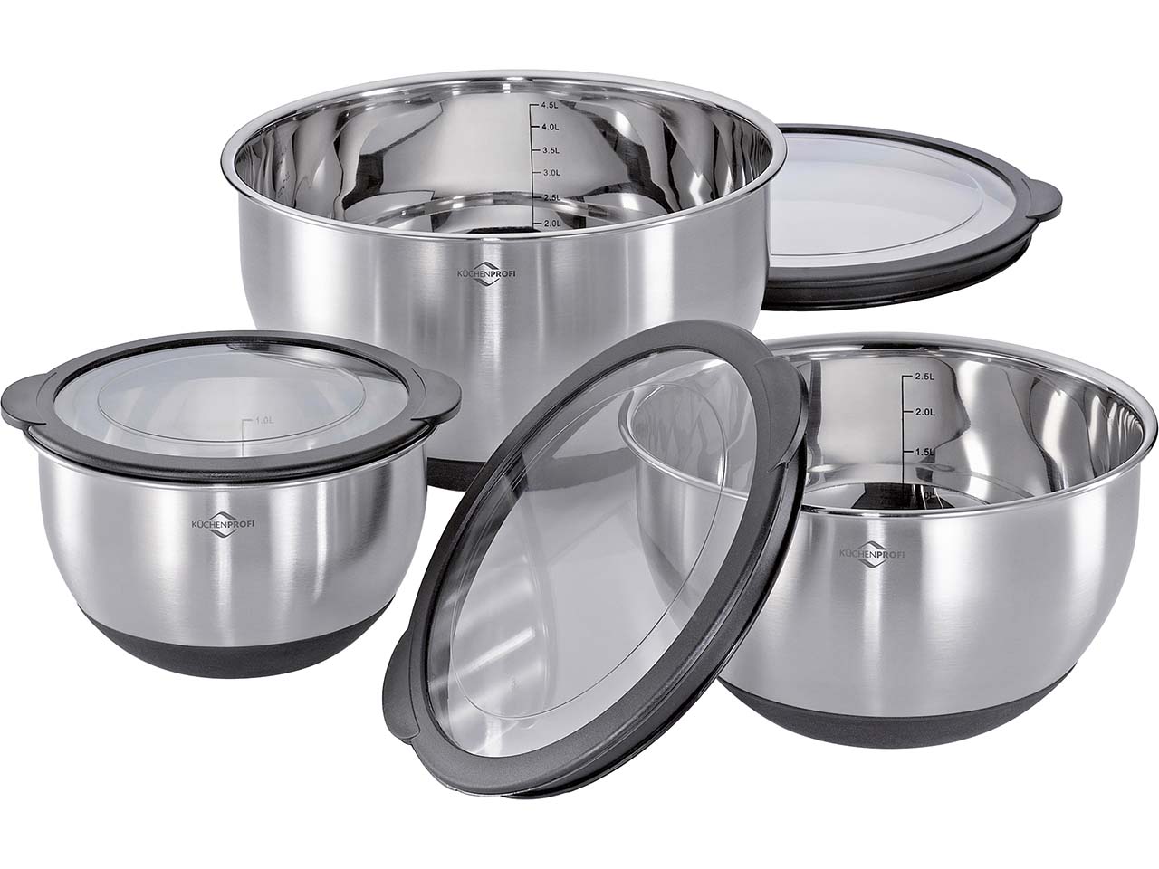 Schüssel-Set "Deluxe" aus Edelstahl mit Deckel, 3er-Set, rutschfest