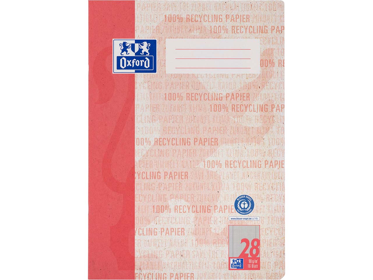 OXFORD Recycling-Schulheft A4, 16 Blatt, Lineatur 28 (kar. m. Rand links + rechts), 90g/m²