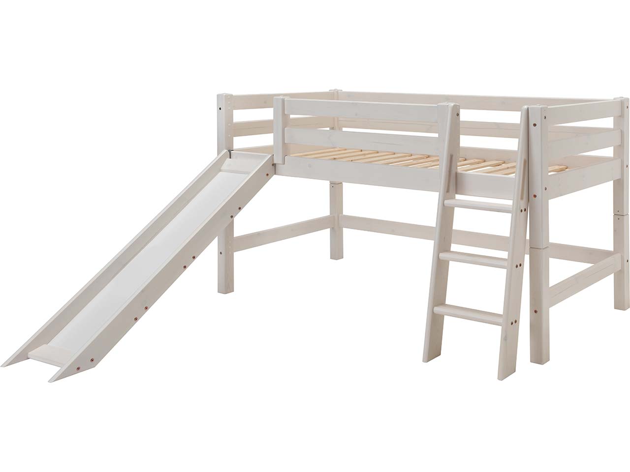 Hochbett "Infanskids" halbhoch, B90xT200xH117 cm, Leiter schräg, Rutsche, Kiefer weiß