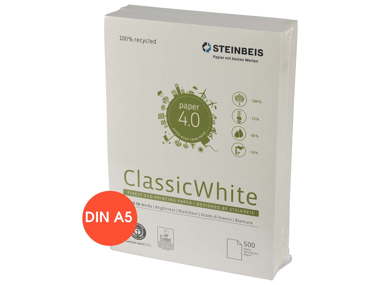 500 Blatt Steinbeis Recycling Kopierpapier 'ClassicWhite' DIN A5