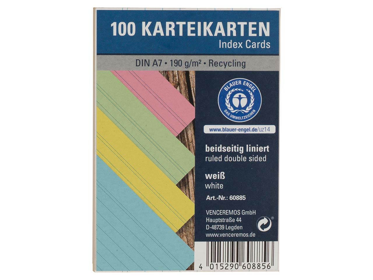 100 Karteikarten aus Recyclingkarton 190 g/m² DIN A7, farbig sortiert